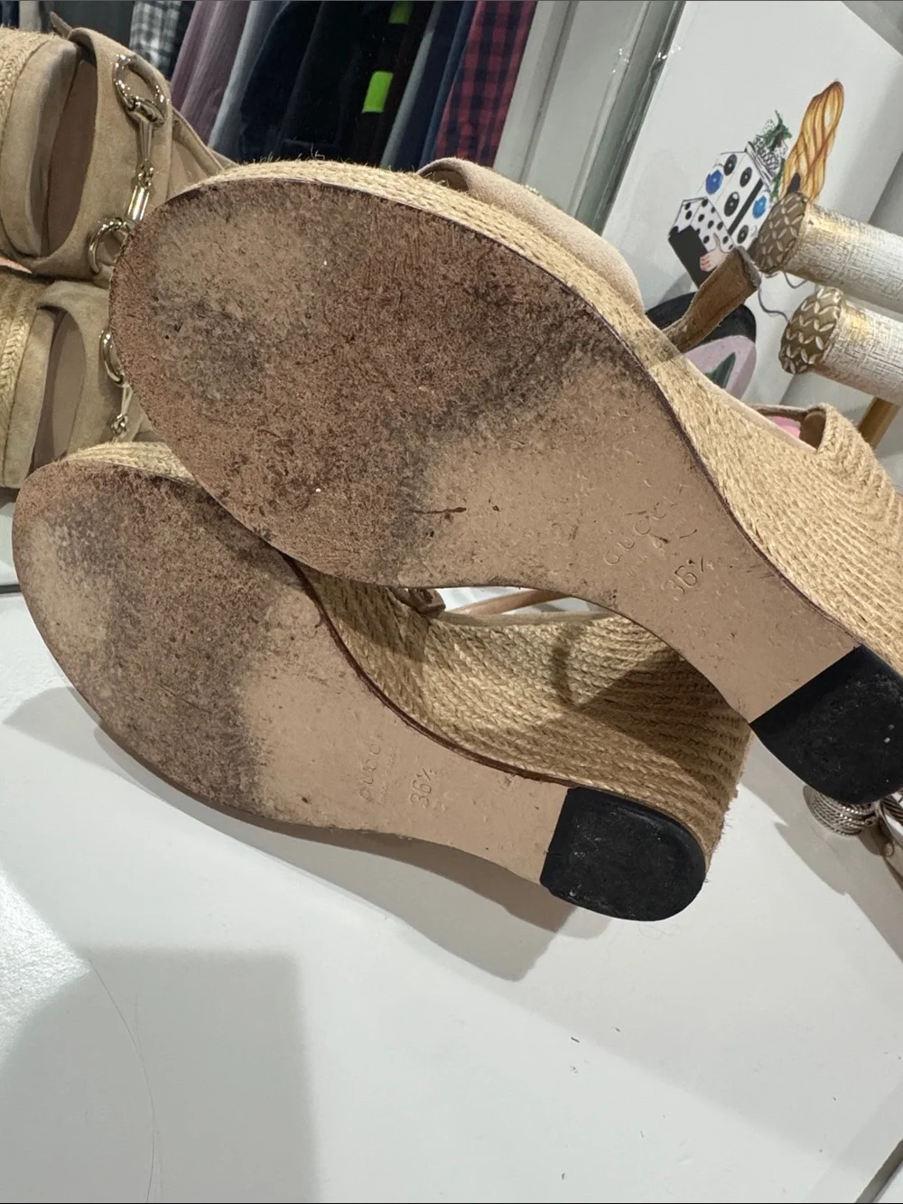 Gucci Tan Suede Wedge Sandals with Gold Horsebit